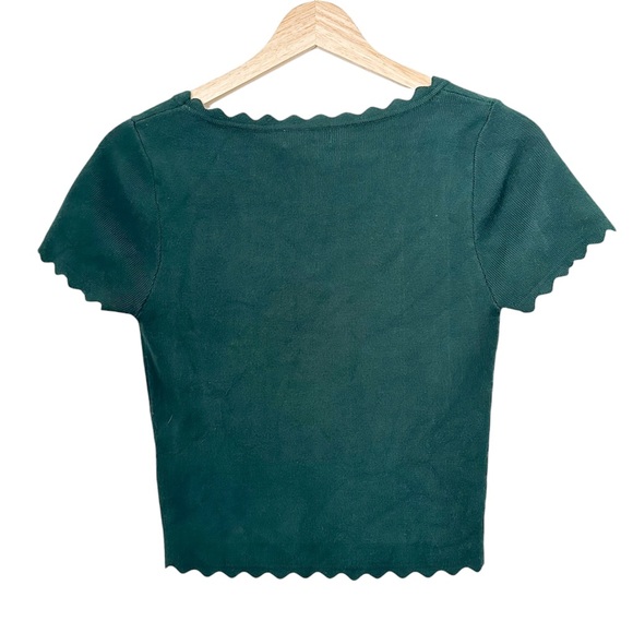The Workshop Forest Green Scalloped Edge Cropped Sweater Shirt Top — Size L - Picture 3 of 7